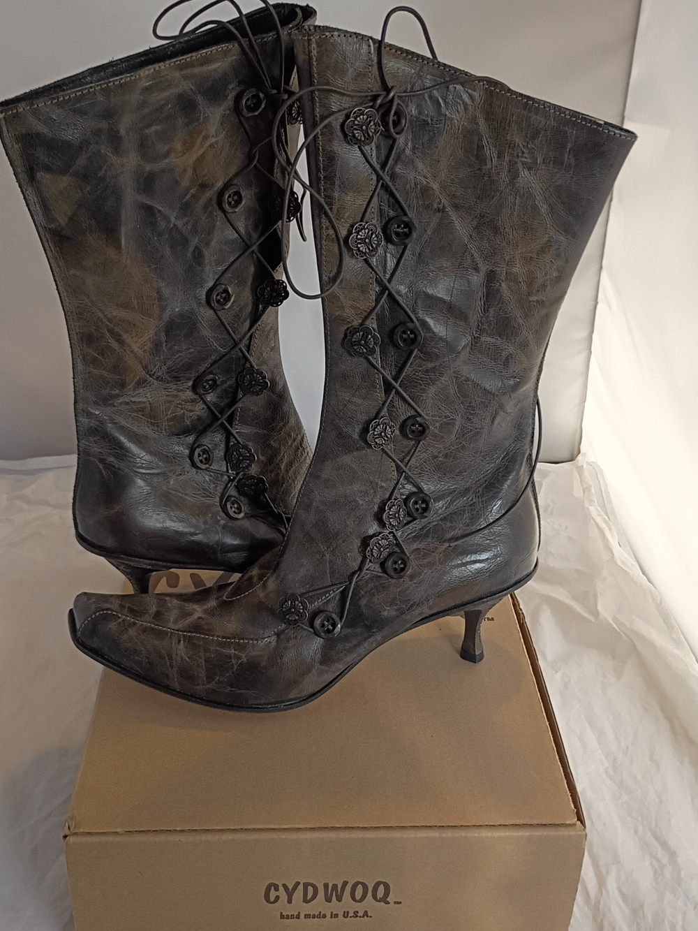 CYDWOQ Vintage Hand Made Leather Victorian Granny Goth Boots 40 U.S. 9 -10 Brown